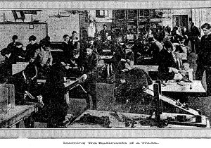 Boys of different ages work in a woodshop