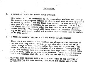A simple typewritten flyer with a title, "We Demand" at the top and a list of changes student organizers wanted to see in their university.